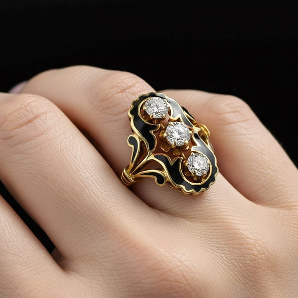 Edwardian Style Black Enamel 14K Gold Diamond Ring