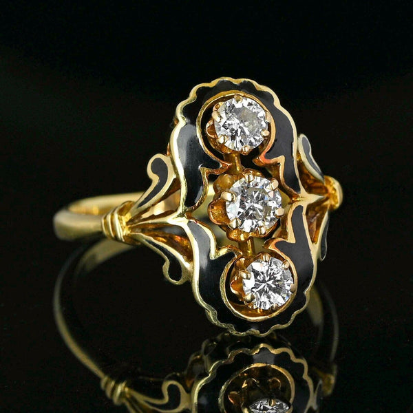 Edwardian Style Black Enamel 14K Gold Diamond Ring