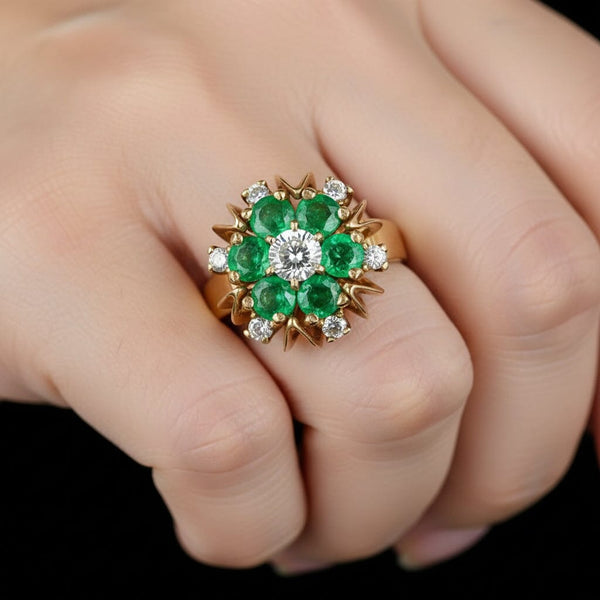 Vintage 14K Gold Flower Cluster Emerald Diamond Ring - Boylerpf
