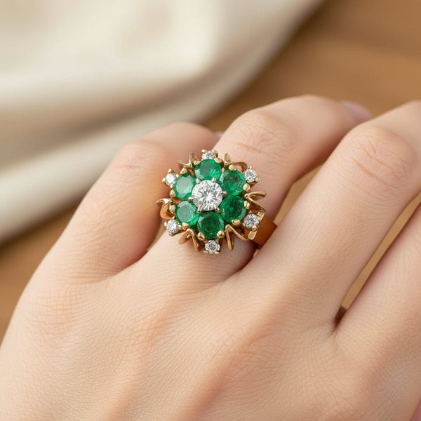 Vintage 14K Gold Flower Cluster Emerald Diamond Ring - Boylerpf