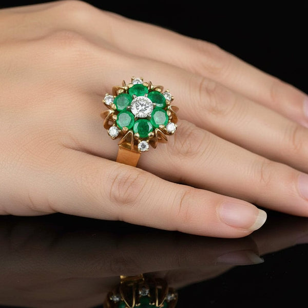 Vintage 14K Gold Flower Cluster Emerald Diamond Ring - Boylerpf