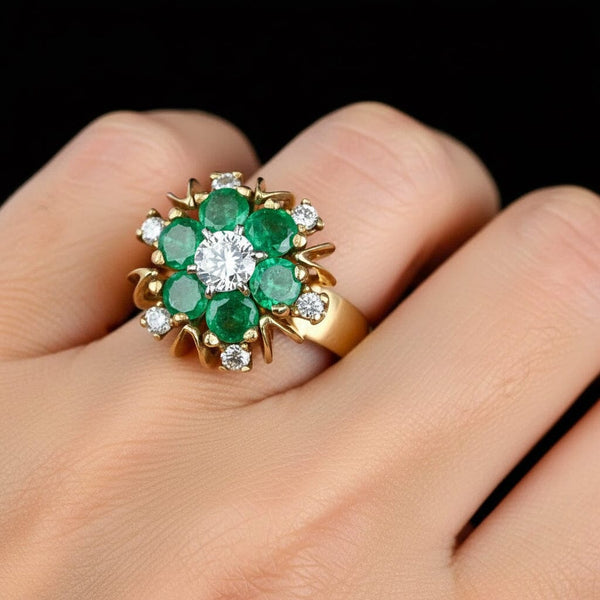 Vintage 14K Gold Flower Cluster Emerald Diamond Ring - Boylerpf