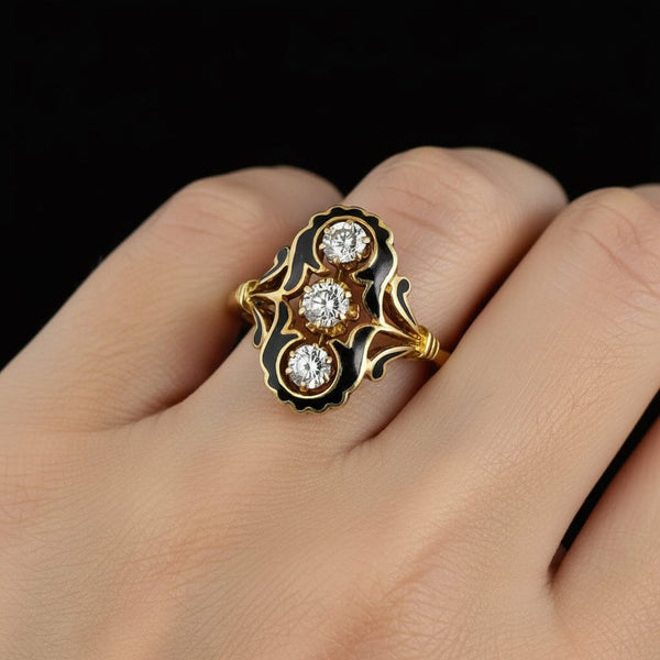 Edwardian Style Black Enamel 14K Gold Diamond Ring