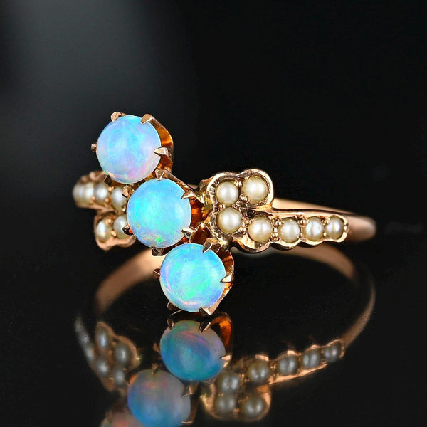 Antique Gold Bypass Pearl Three Stone Opal Ring