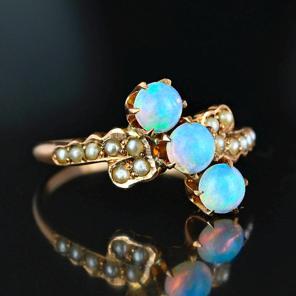 Antique Gold Bypass Pearl Three Stone Opal Ring