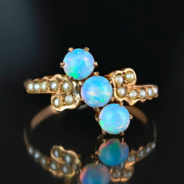 Antique Gold Bypass Pearl Three Stone Opal Ring