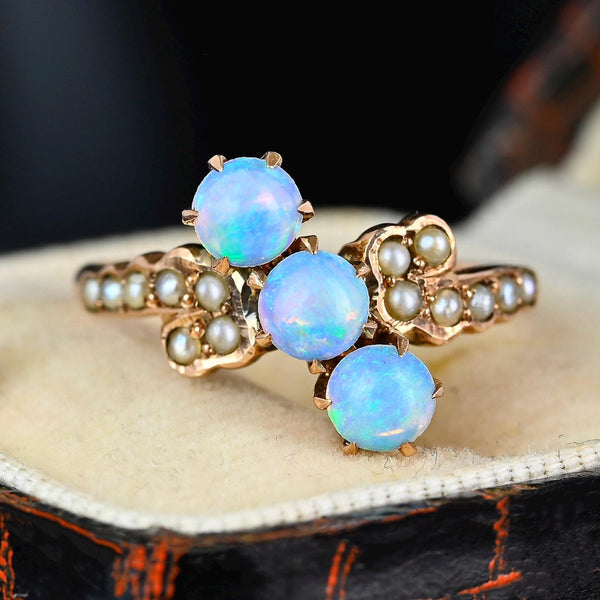 Antique Gold Bypass Pearl Three Stone Opal Ring