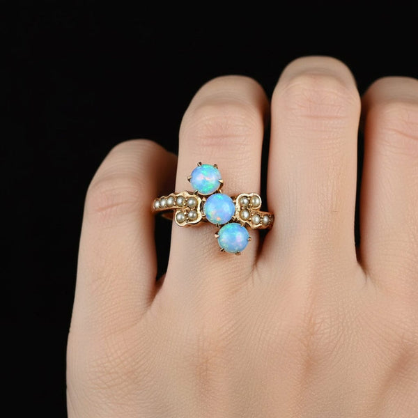 Antique Gold Bypass Pearl Three Stone Opal Ring