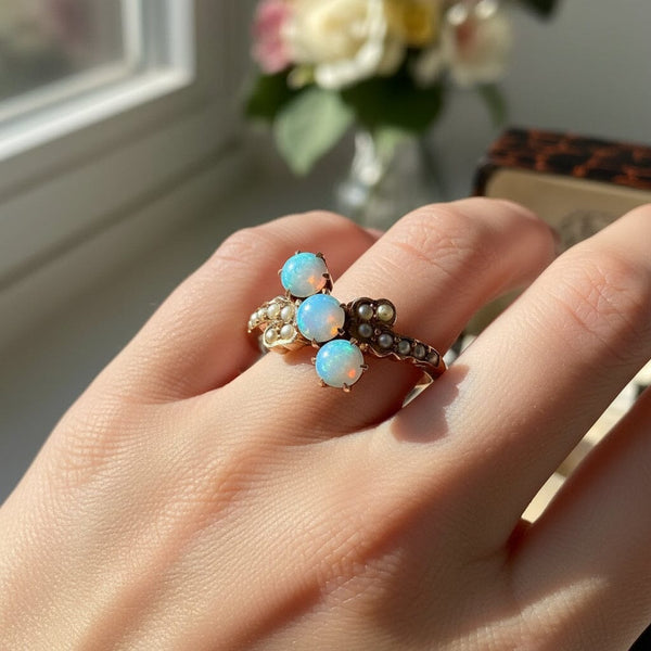 Antique Gold Bypass Pearl Three Stone Opal Ring
