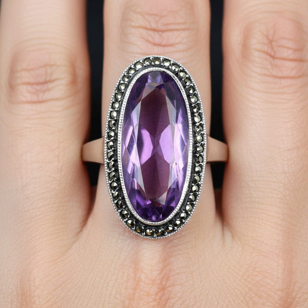 Art Deco Silver Marcasite Halo Amethyst Ring - Boylerpf