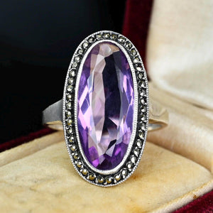 Art Deco Silver Marcasite Halo Amethyst Ring - Boylerpf