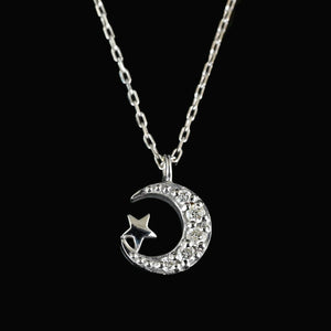 Vintage 10K White Gold Diamond Crescent Moon Star Pendant Necklace - Boylerpf