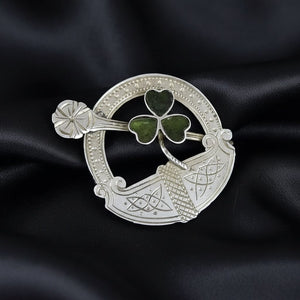 Antique Connemara Marble Shamrock Silver Celtic Knot Penannular Brooch - Boylerpf