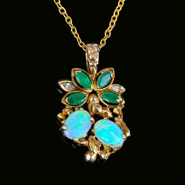 Vintage Gold Floral Motif Diamond Emerald Opal Pendant - Boylerpf