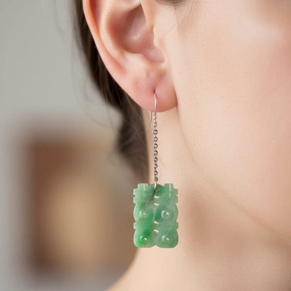 Vintage Silver Chain Drop Jade Zodiac Earrings - Boylerpf