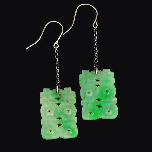 Vintage Silver Chain Drop Jade Zodiac Earrings - Boylerpf