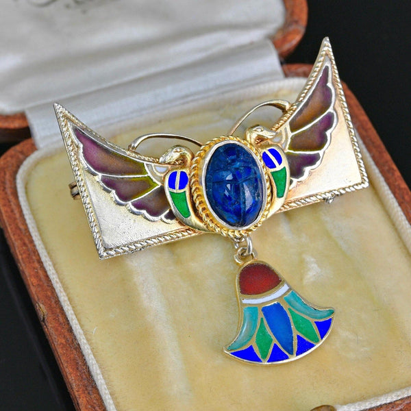 Art Nouveau Egyptian Revival Plique à Jour Winged Scarab Brooch - Boylerpf