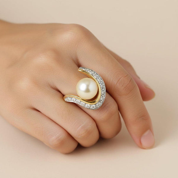 Vintage 14K Gold Diamond Swirl Pearl Cocktail Ring - Boylerpf