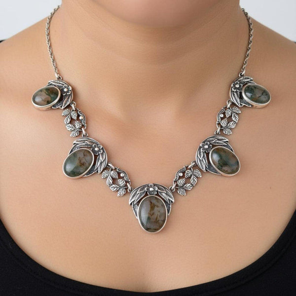 Antique Arts & Crafts Silver Dendritic Moss Agate Necklace - Boylerpf