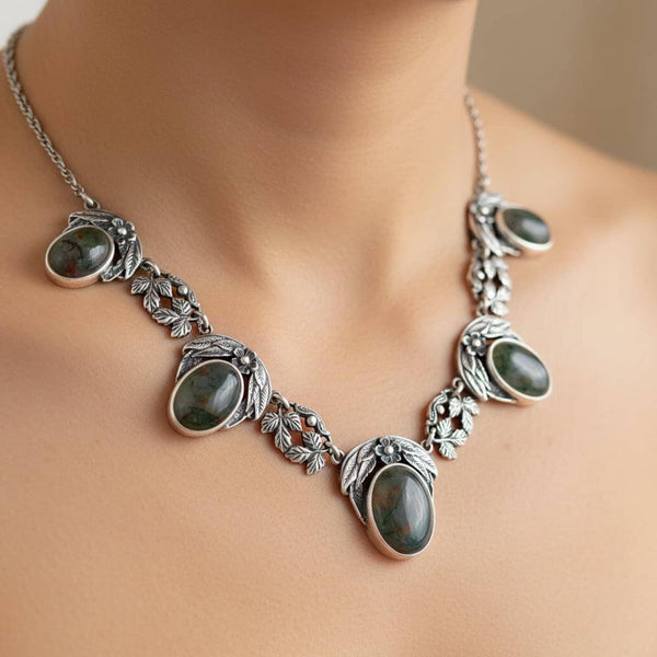Antique Arts & Crafts Silver Dendritic Moss Agate Necklace - Boylerpf