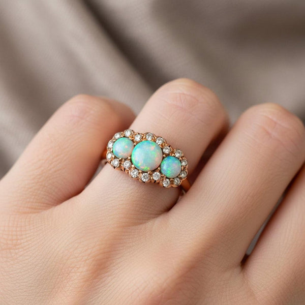 Victorian Opal & Rose Cut Diamond Halo Ring 14K Gold - Boylerpf