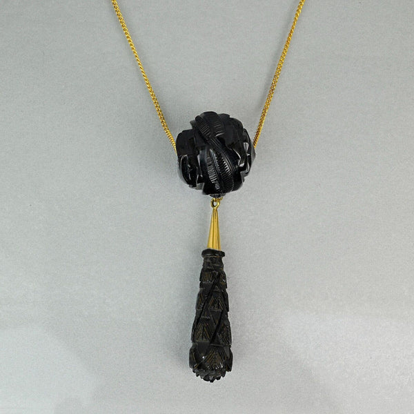 Antique Victorian Whitby Jet Carved Rose Pendant Necklace