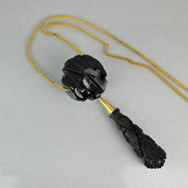 Antique Victorian Whitby Jet Carved Rose Pendant Necklace