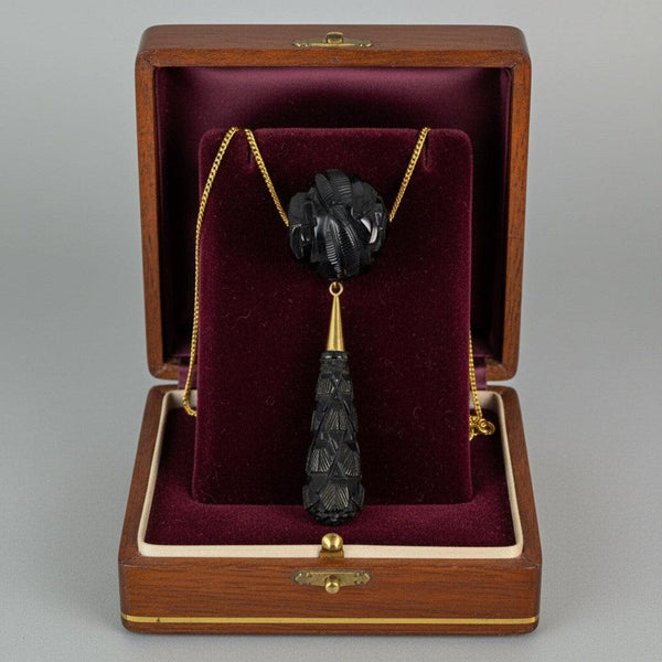 Antique Victorian Whitby Jet Carved Rose Pendant Necklace