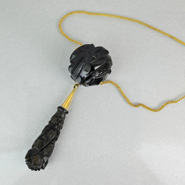 Antique Victorian Whitby Jet Carved Rose Pendant Necklace