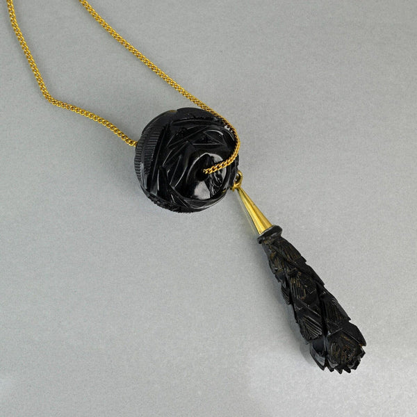 Antique Victorian Whitby Jet Carved Rose Pendant Necklace