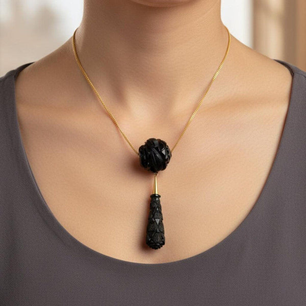 Antique Victorian Whitby Jet Carved Rose Pendant Necklace