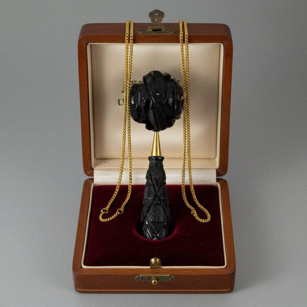 Antique Victorian Whitby Jet Carved Rose Pendant Necklace