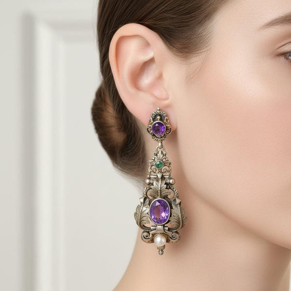 Antique Austro Hungarian Amethyst Emerald Pearl Earrings