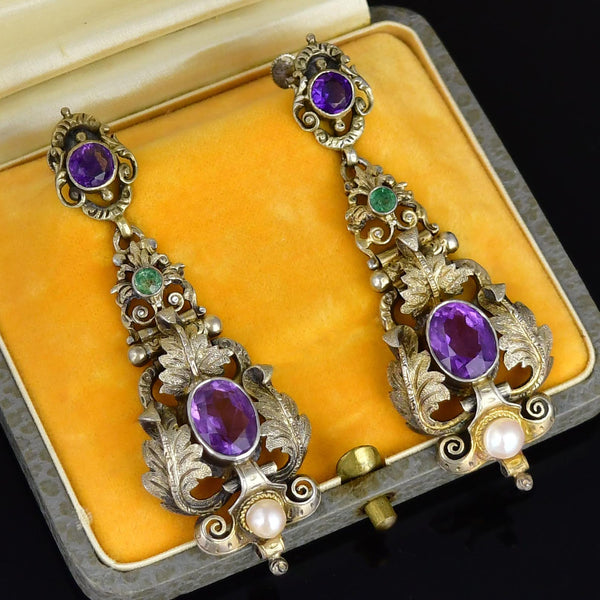 Antique Austro Hungarian Amethyst Emerald Pearl Earrings