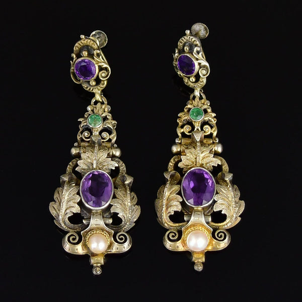 Antique Austro Hungarian Amethyst Emerald Pearl Earrings
