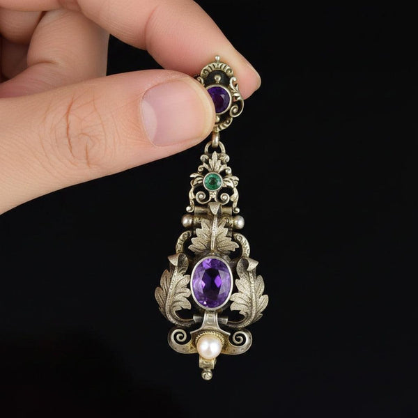 Antique Austro Hungarian Amethyst Emerald Pearl Earrings