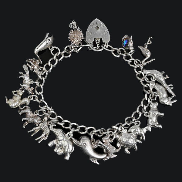 Vintage Sterling Silver Animal Charm Bracelet with 17 Charms