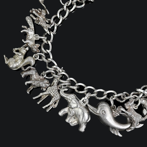 Vintage Sterling Silver Animal Charm Bracelet with 17 Charms