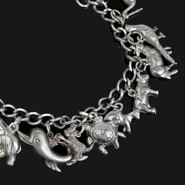Vintage Sterling Silver Animal Charm Bracelet with 17 Charms