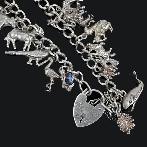 Vintage Sterling Silver Animal Charm Bracelet with 17 Charms