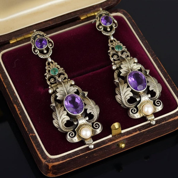 Antique Austro Hungarian Amethyst Emerald Pearl Earrings