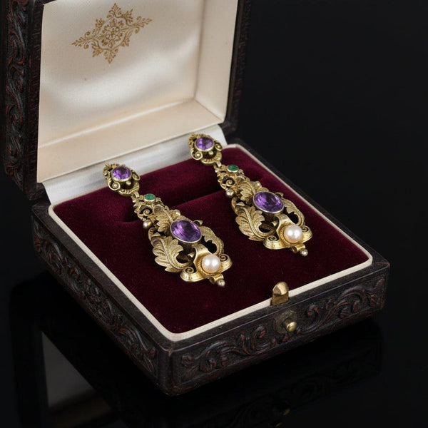 Antique Austro Hungarian Amethyst Emerald Pearl Earrings