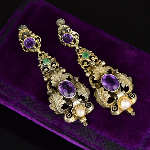 Antique Austro Hungarian Amethyst Emerald Pearl Earrings