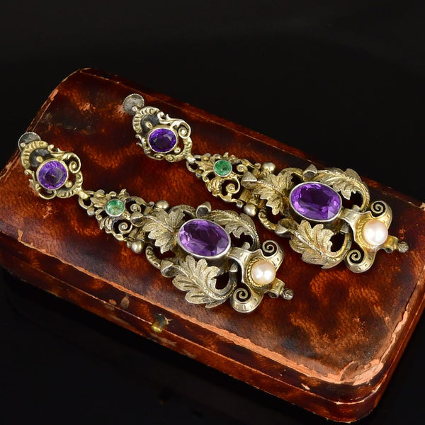 Antique Austro Hungarian Amethyst Emerald Pearl Earrings