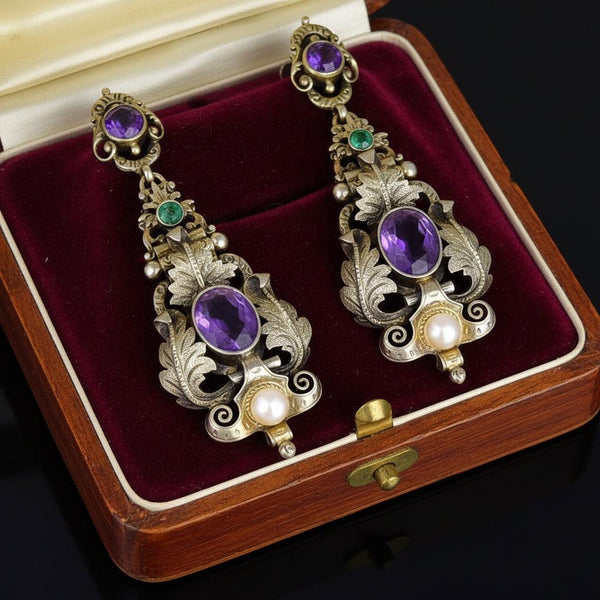 Antique Austro Hungarian Amethyst Emerald Pearl Earrings