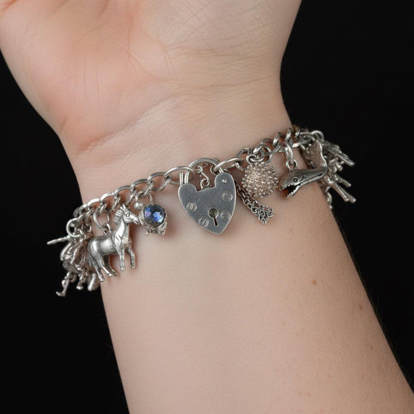 Vintage Sterling Silver Animal Charm Bracelet with 17 Charms