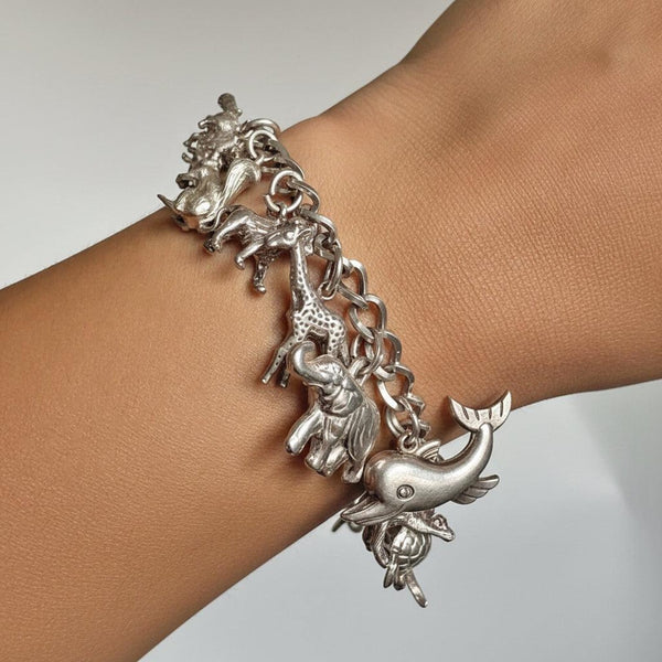 Vintage Sterling Silver Animal Charm Bracelet with 17 Charms