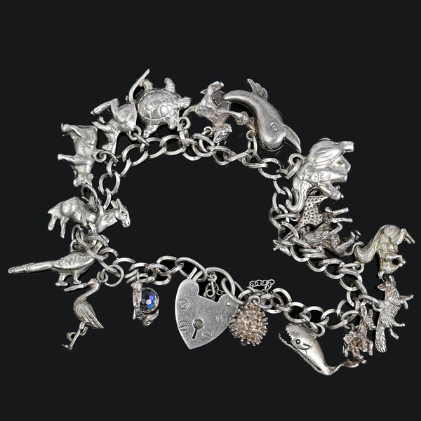 Vintage Sterling Silver Animal Charm Bracelet with 17 Charms