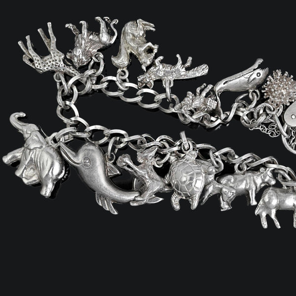 Vintage Sterling Silver Animal Charm Bracelet with 17 Charms