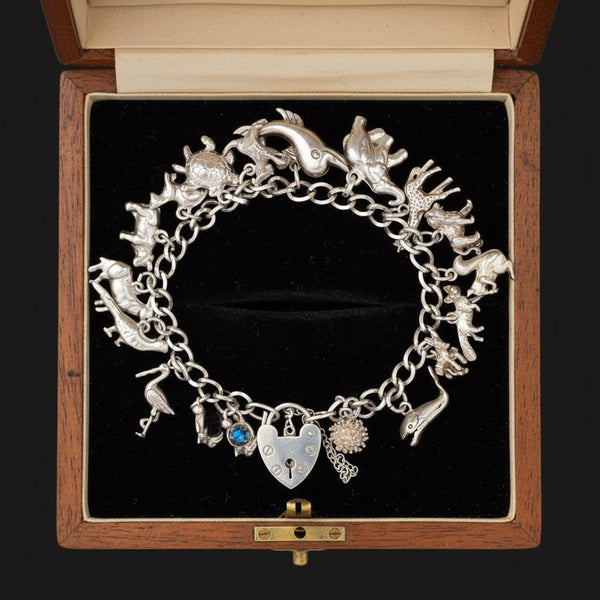 Vintage Sterling Silver Animal Charm Bracelet with 17 Charms